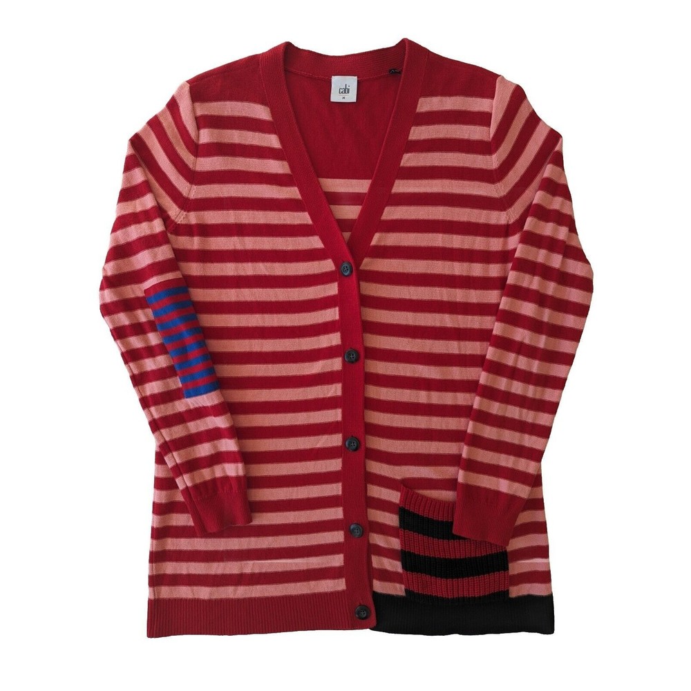 Cabi Sweater Womens Medium Cardigan Pink and Red Striped‎ Picnic Button Down
